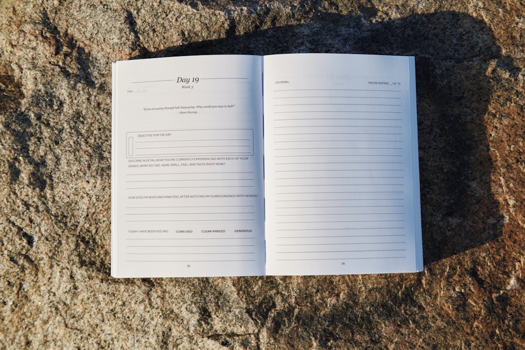An open notebook sitting on top of a rock